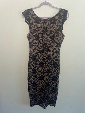 A.B.S. Collection Black Floral Lace Nude Overlay Dress Size 10